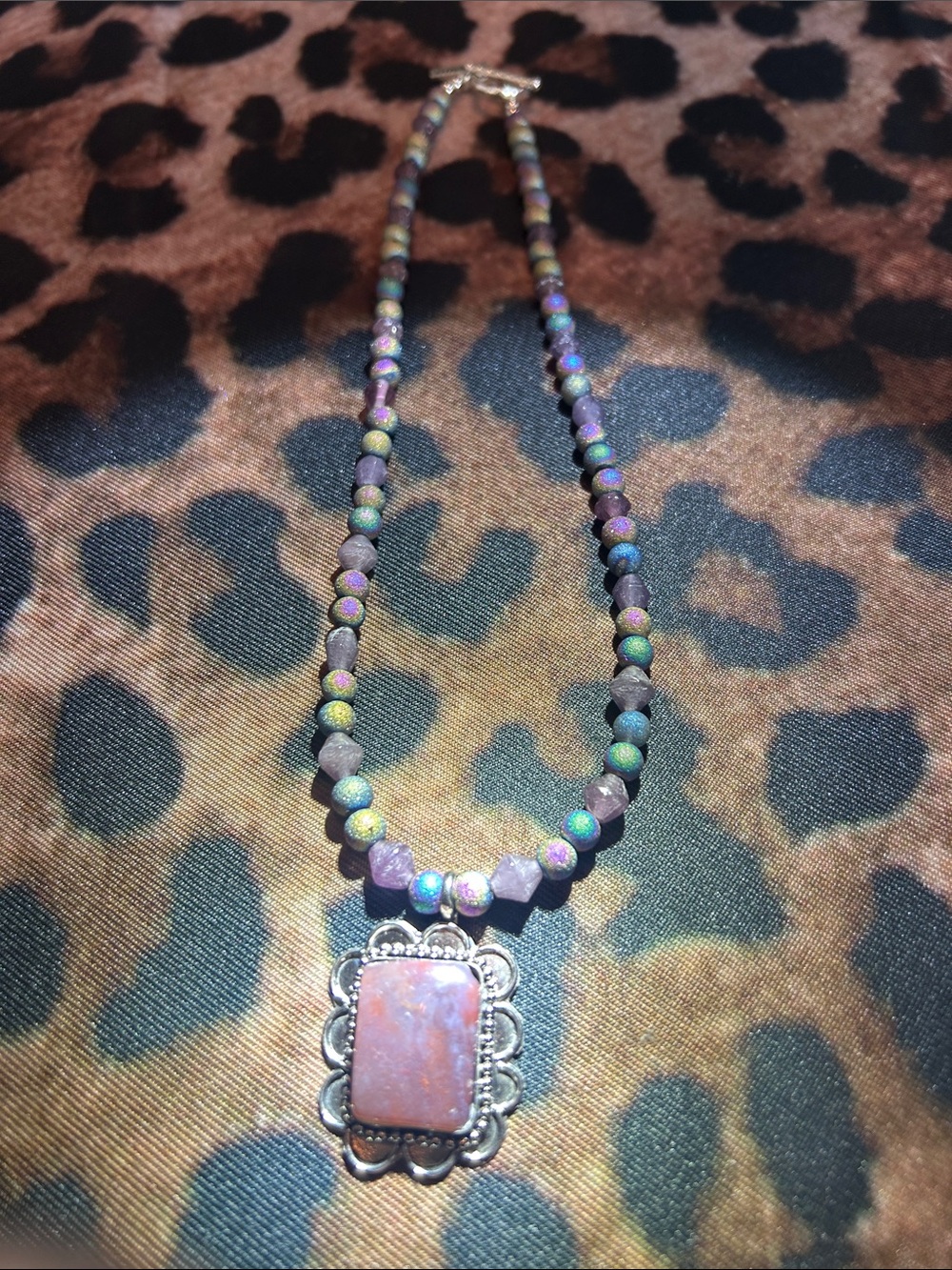 Homemade Multicolor Beaded Pendant Necklace with Purple Stone